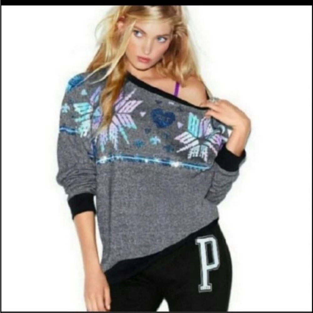PINK Victoria’s Secret HTF Gray Oversized Snowflake Bling Pullover Sweater EUC